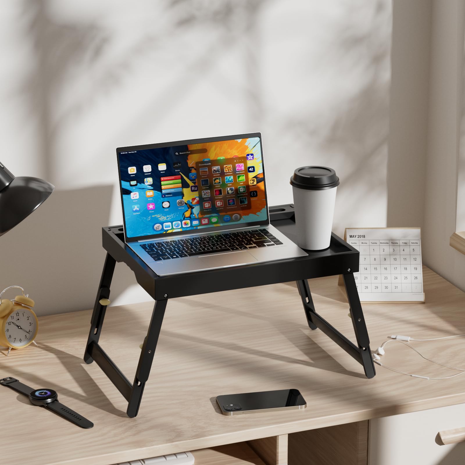 Artmeer bed tray table media slot holds tablet within reach