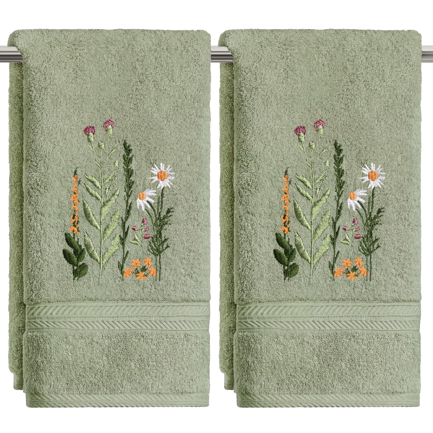 Artoid Mode sage green wildflower towel close-up highlighting embroidery and soft cotton.