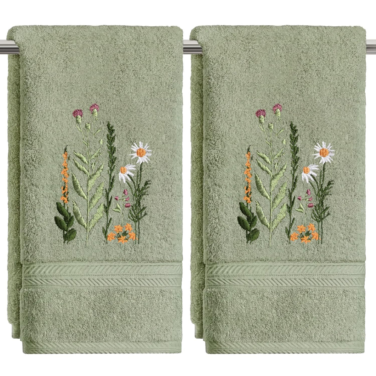 Artoid Mode sage green wildflower towel close-up highlighting embroidery and soft cotton.