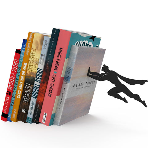 Artori Design Superman bookends, sturdy metal support for upright book rows.