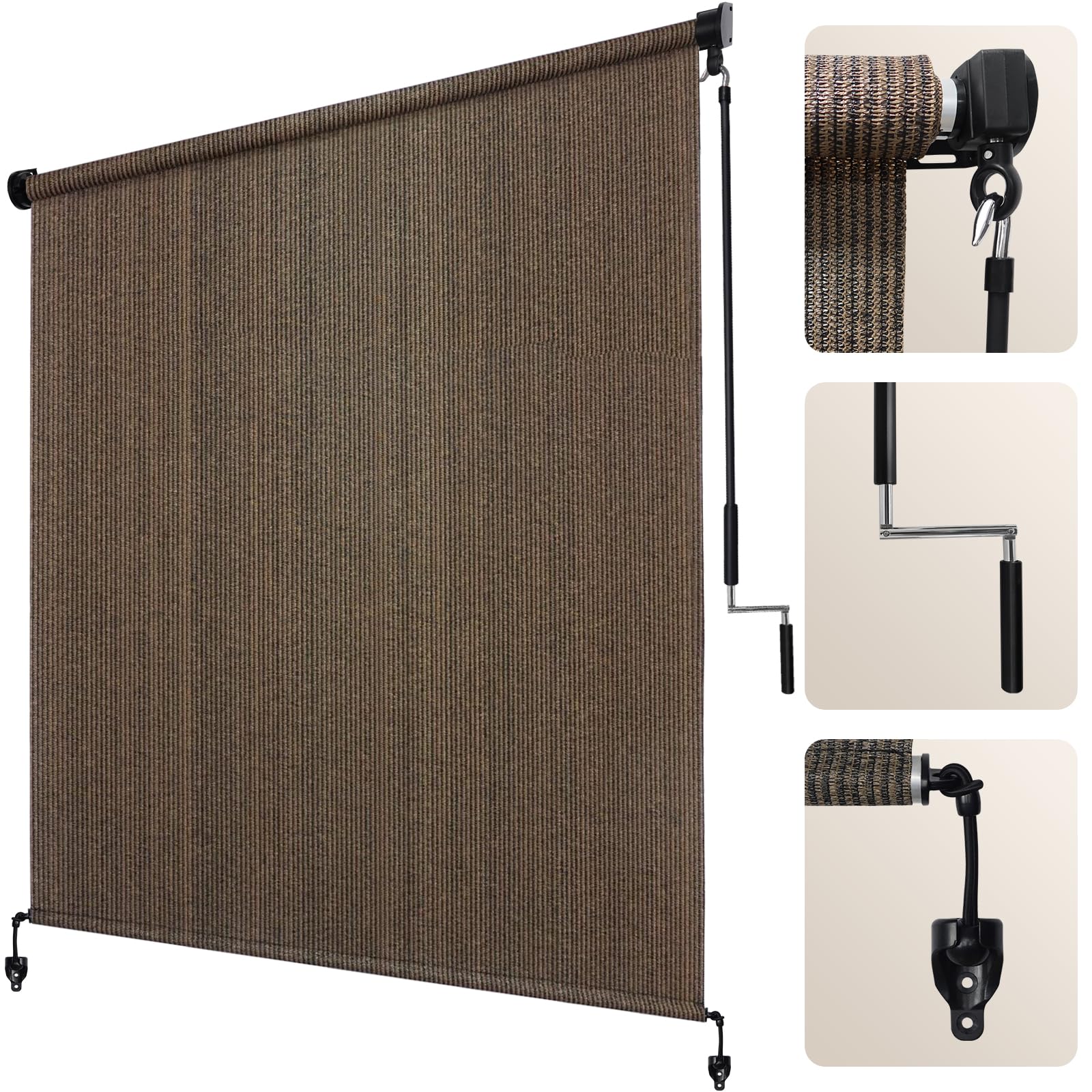 Artpuch outdoor roller shade in mocha fabric provides broad sun coverage and cooling comfort.