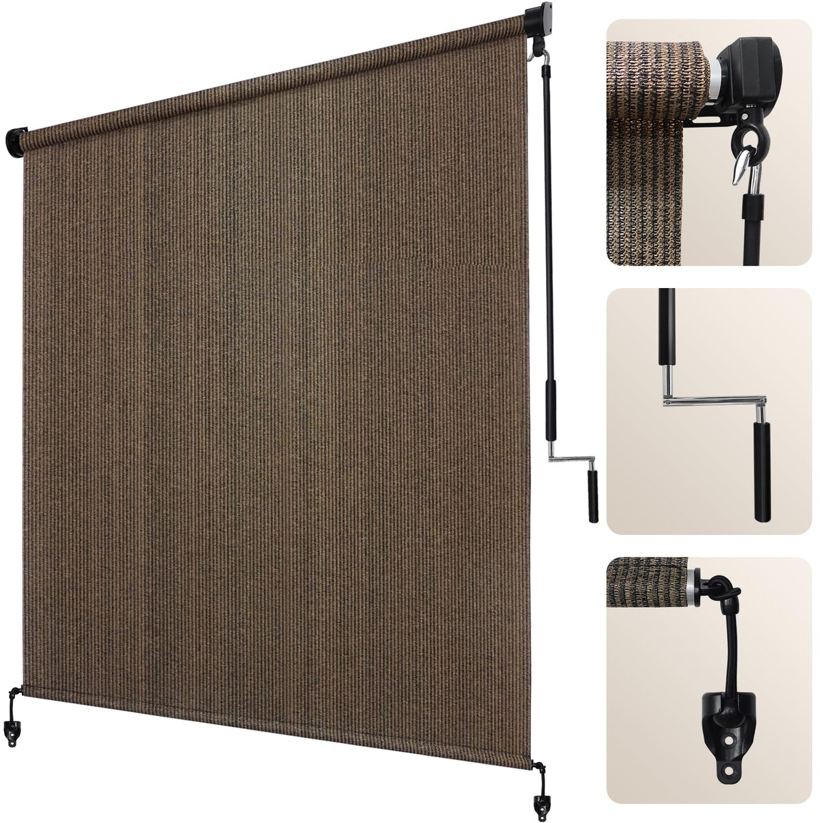 Artpuch outdoor roller shade in mocha fabric provides broad sun coverage and cooling comfort.