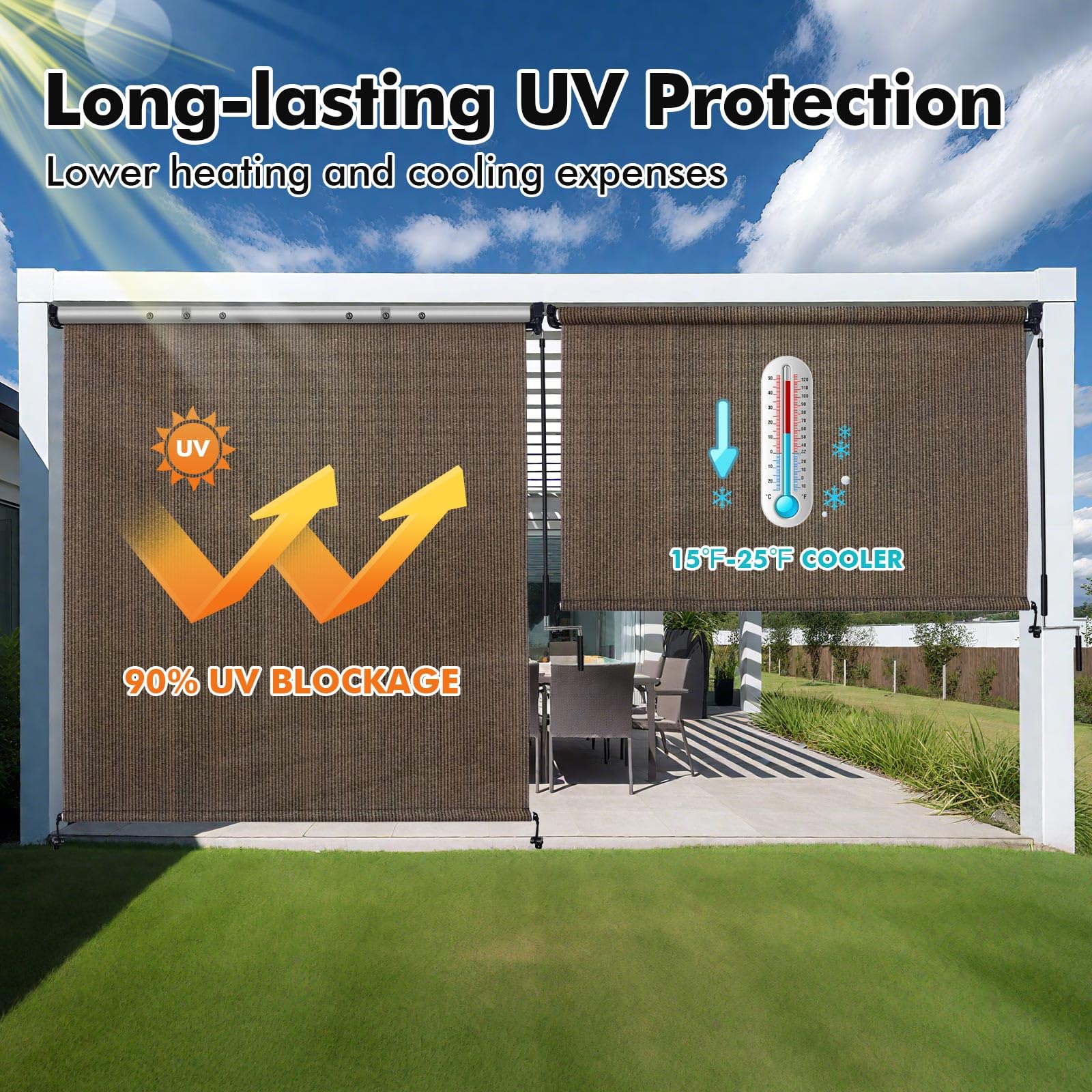 Artpuch cordless outdoor shade in action for easy operation.