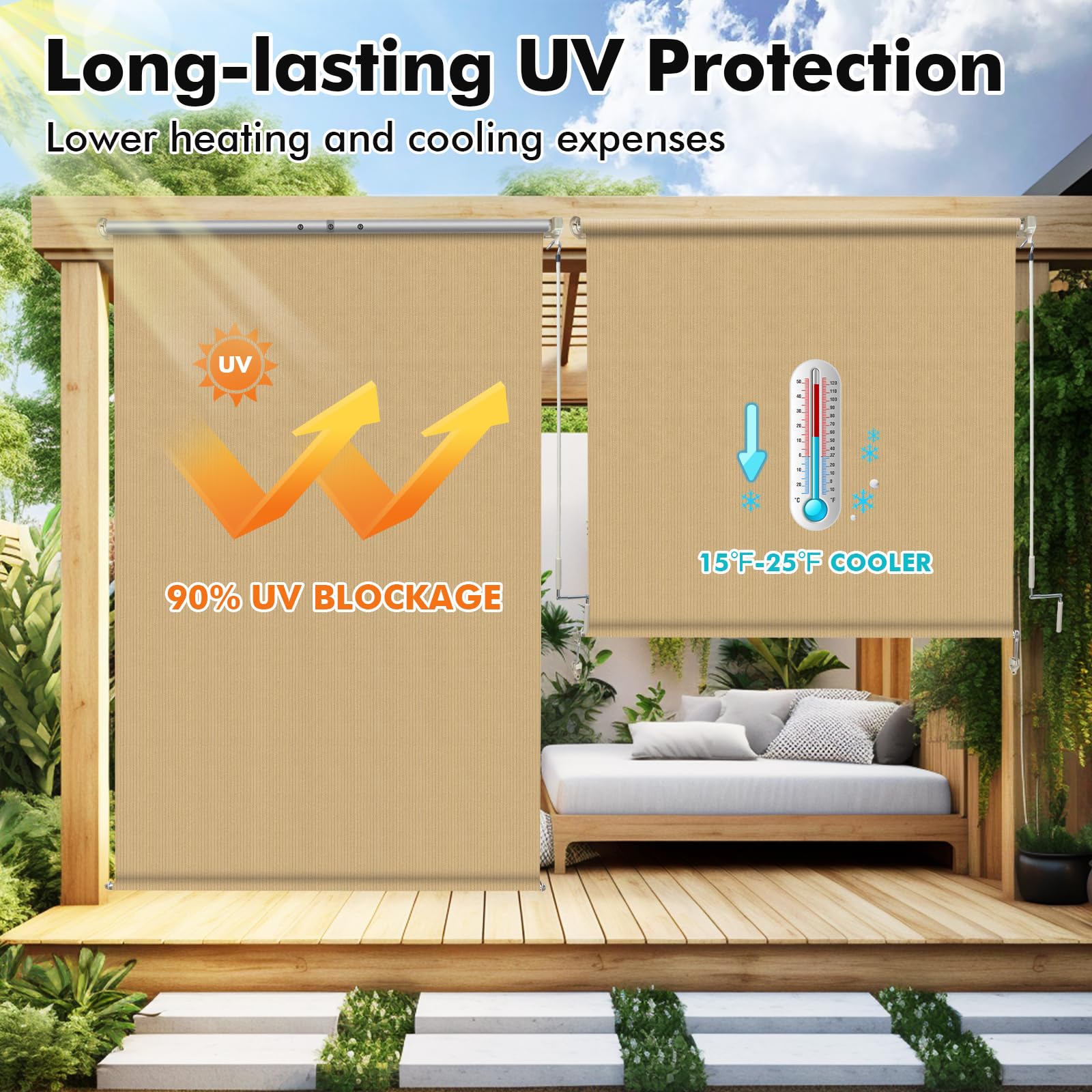 Artpuch outdoor roller shade extended on patio delivers cooler comfort.