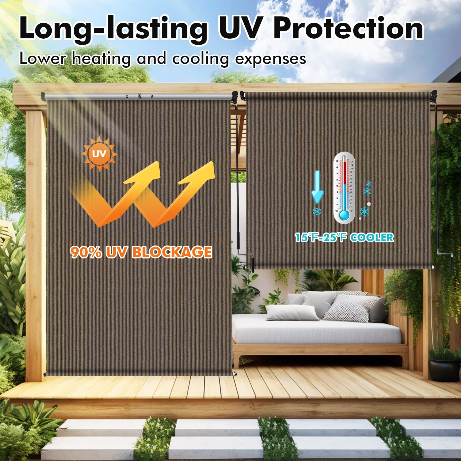 Artpuch patio blind showing two-pole assembly for stable setup