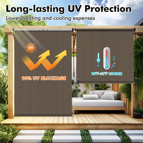 Artpuch patio blind showing two-pole assembly for stable setup