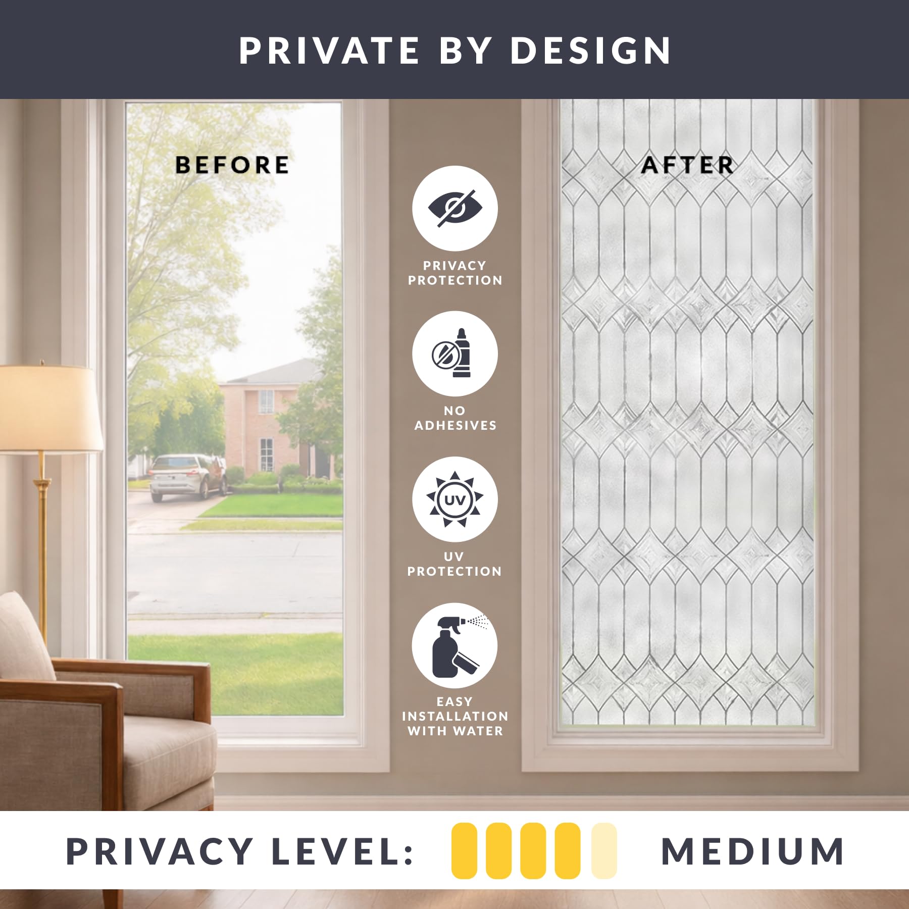 ARTSCAPE Regent window film on glass demonstrates instant privacy while preserving natural light.