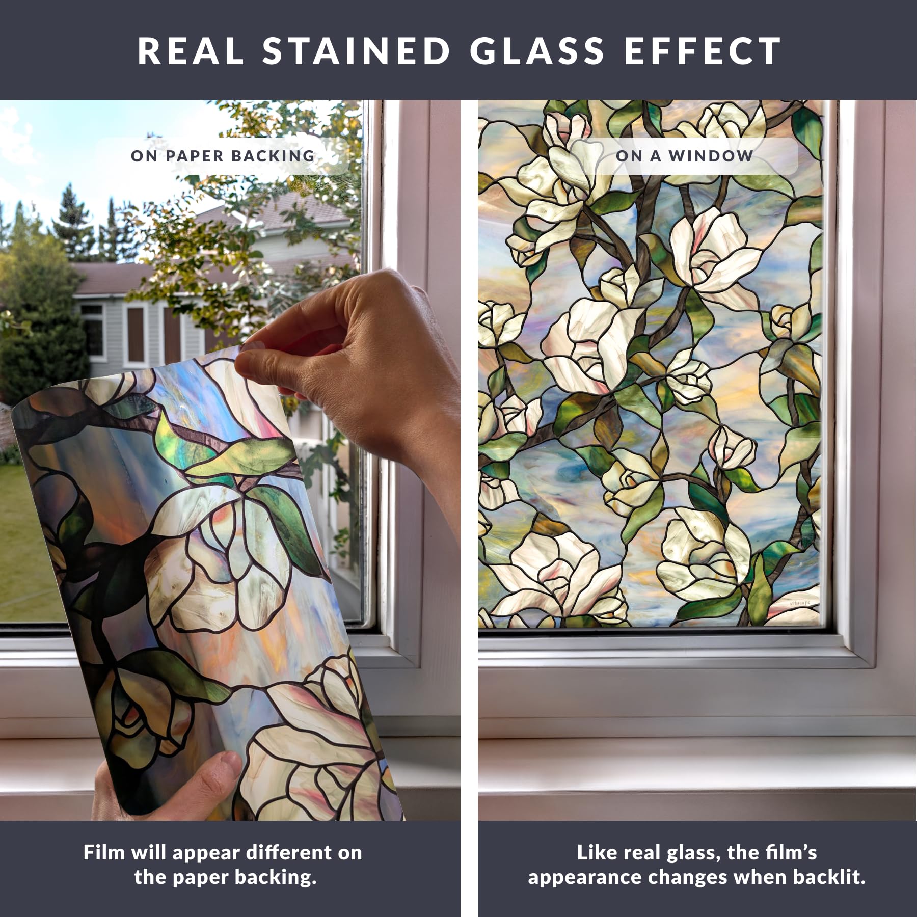 Artscape Star Magnolia stained-glass look brightens spaces with decorative privacy.