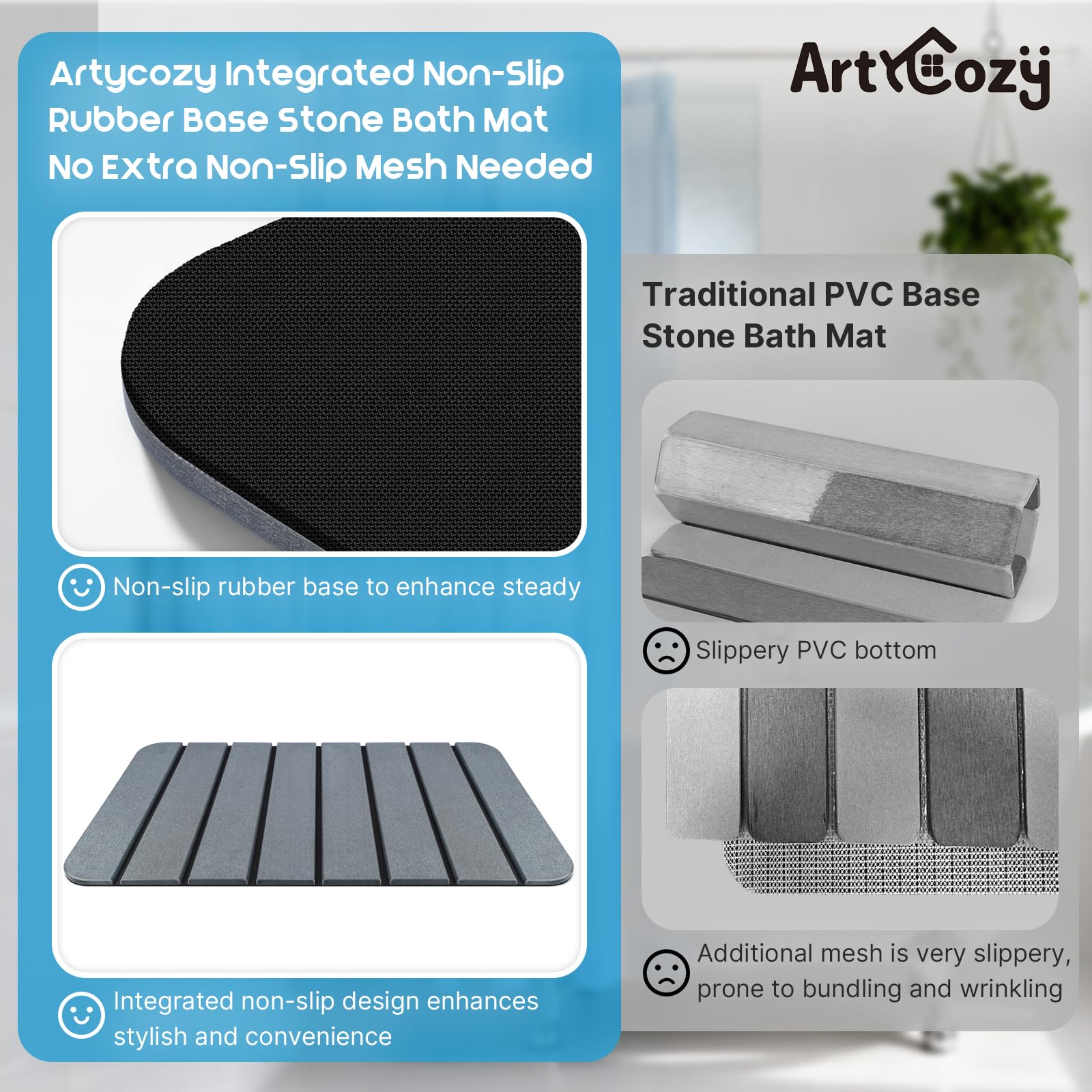 ArtyCozy absorbent diatomaceous earth mat dries quickly after showers, reducing damp floor hazards.