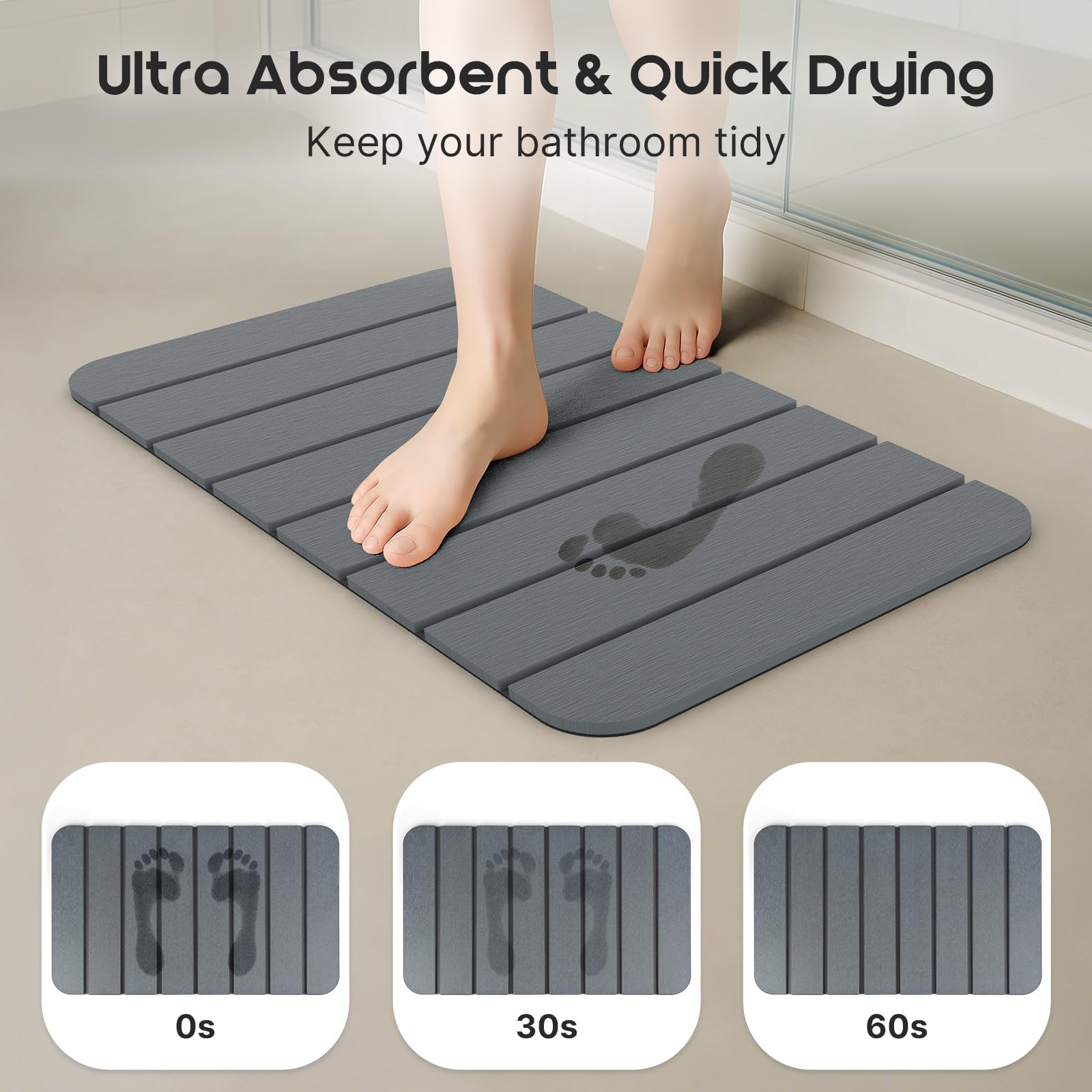 ArtyCozy bath mat with non-slip rubber base provides stable footing on tile and marble.