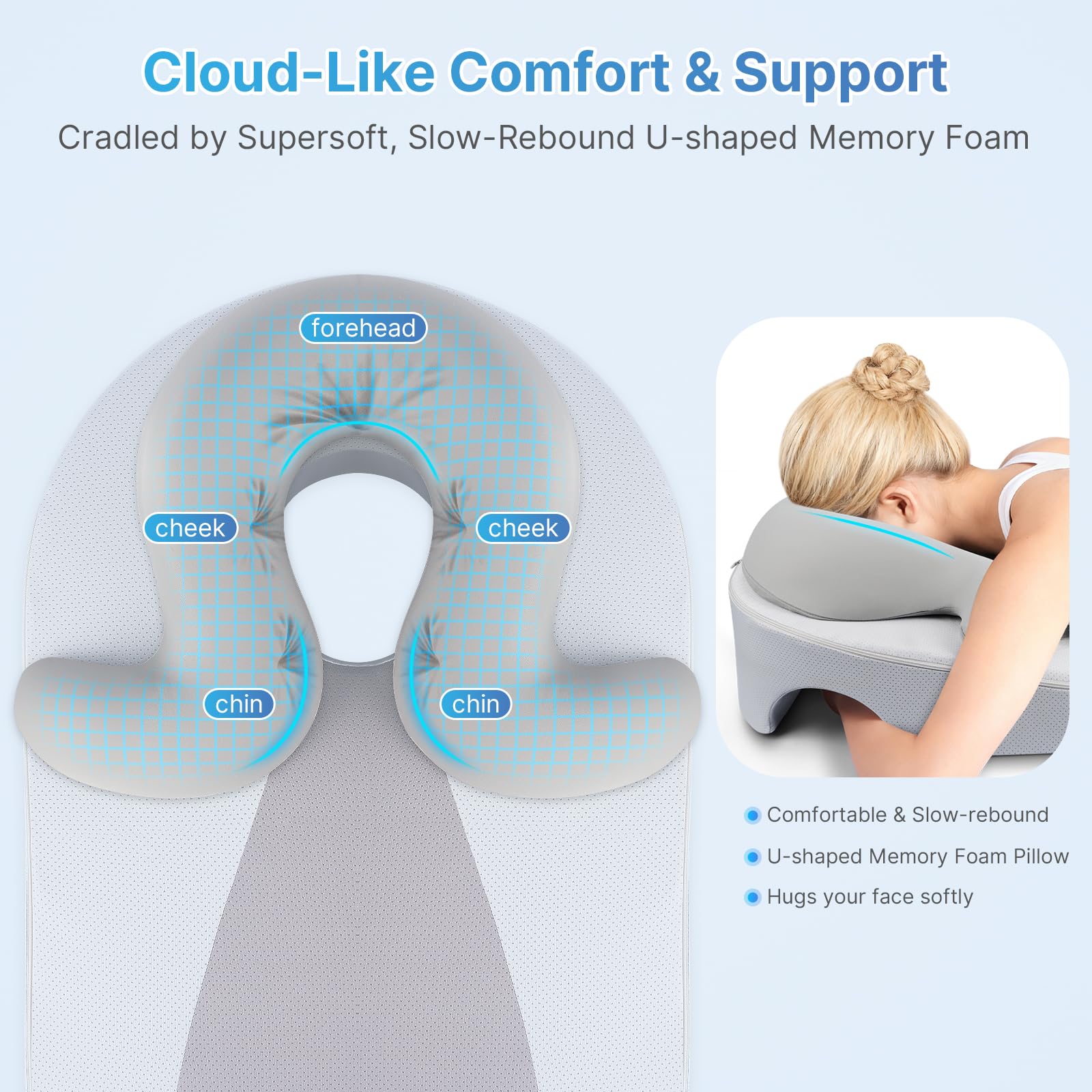 ArtyCozy Eye Face Down Pillow breathable cover and wide airflow for cool, comfortable sessions.