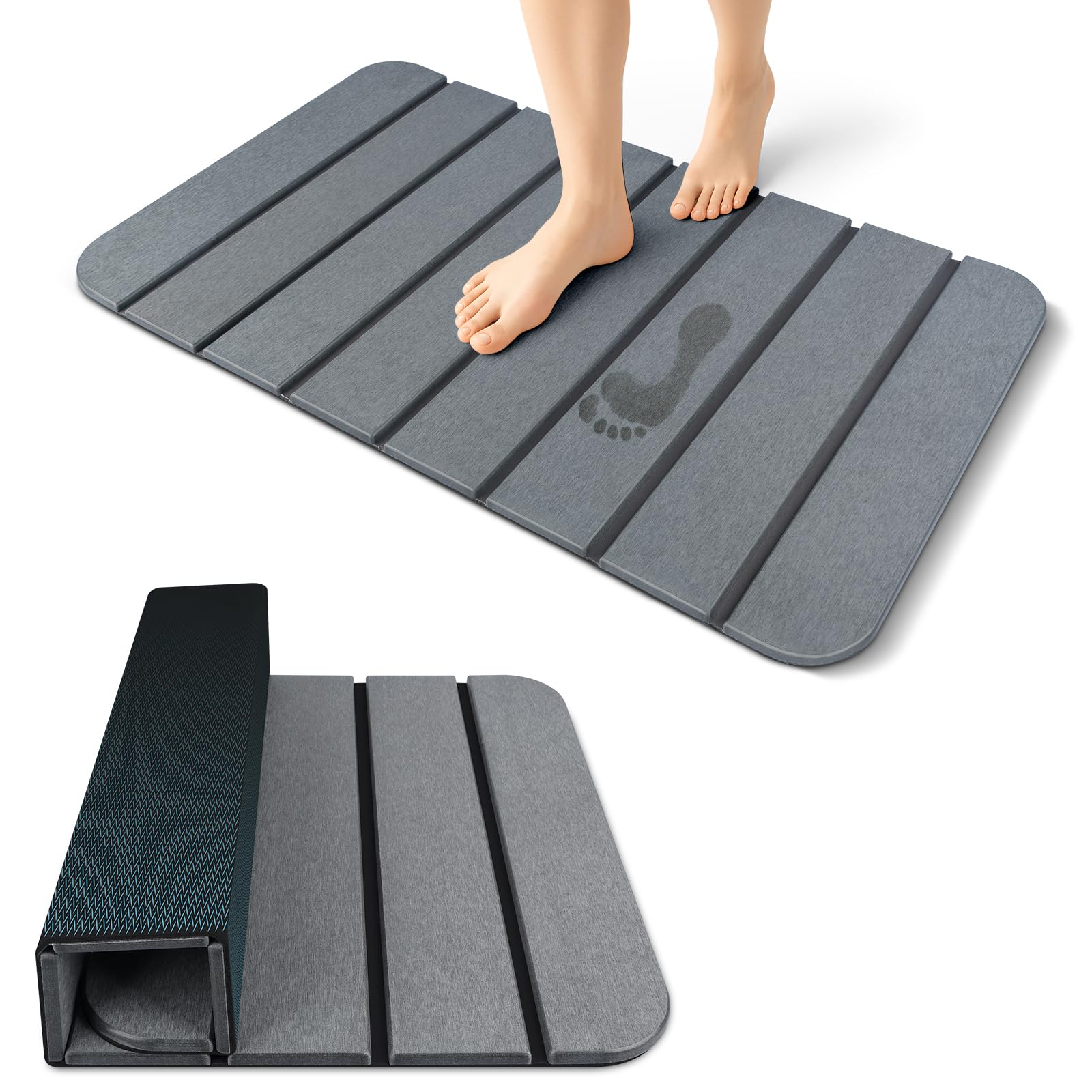 ArtyCozy large stone bath mat in grey, rolled for compact storage and easy handling.
