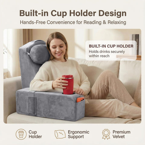 AS AWESLING gray pillow with built-in cup caddy for beverages within reach
