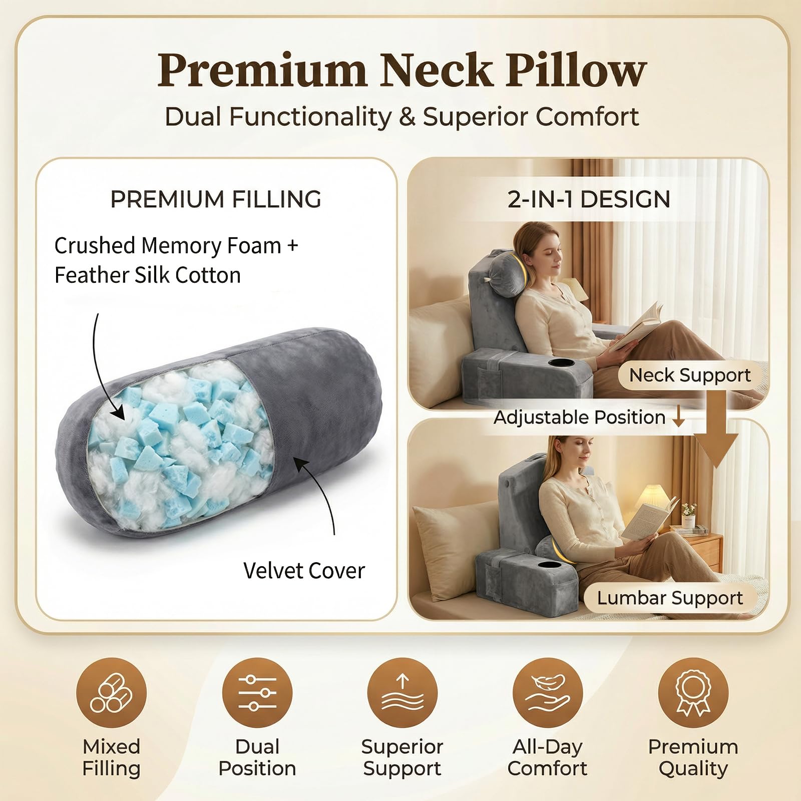 AS AWESLING gray pillow with phone caddy for easy access while reading