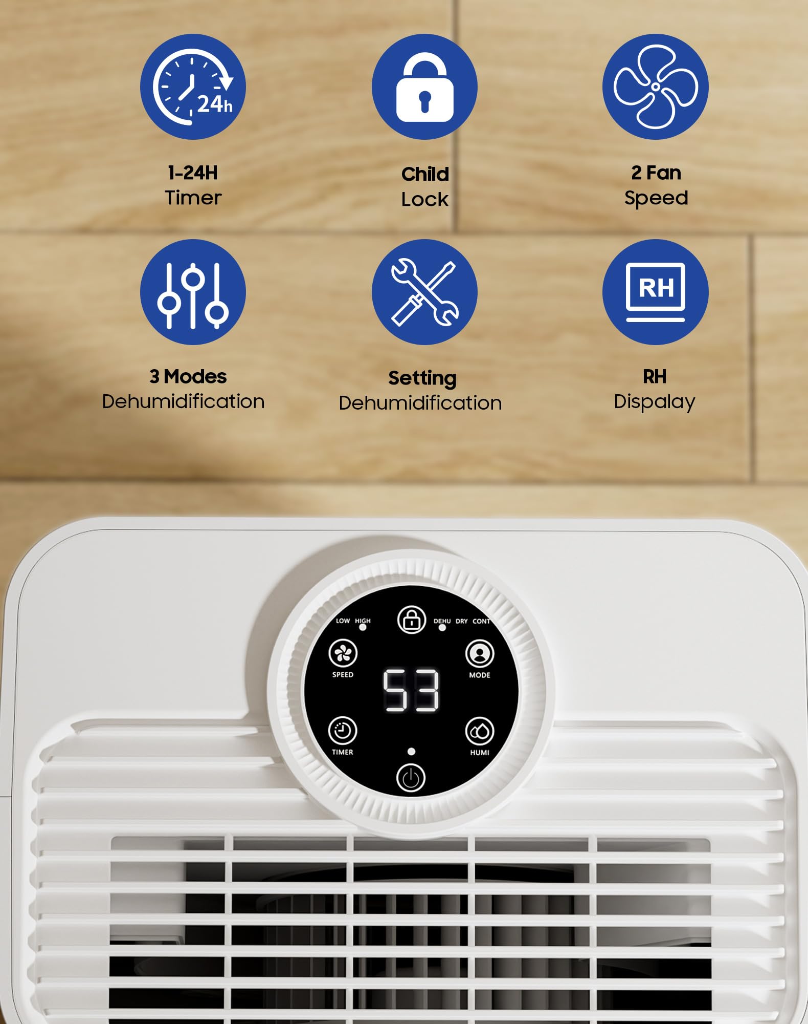 ASAHWo dehumidifier control panel close-up with humidity settings