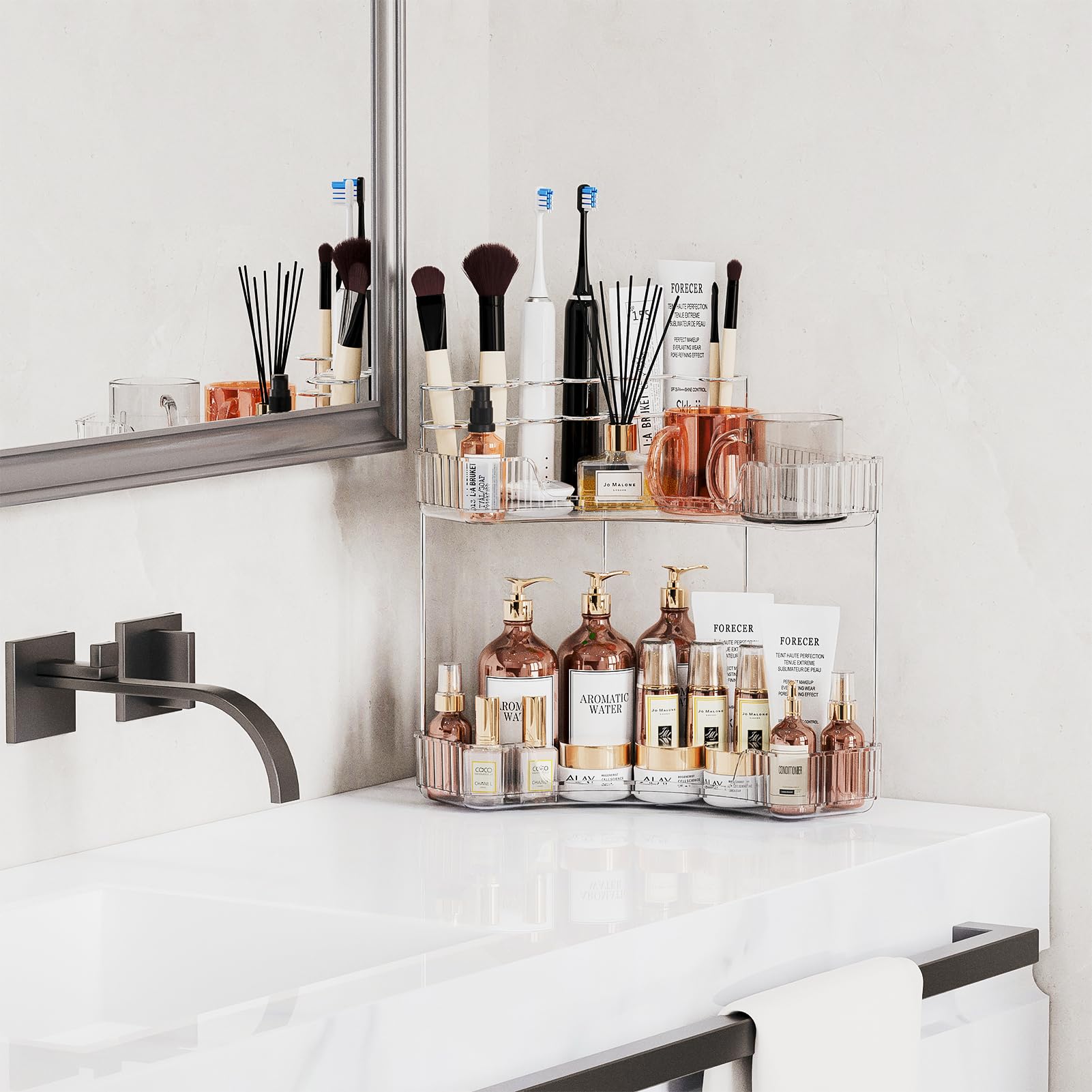 Asayuee corner organizer featuring makeup brush holder for vanity access
