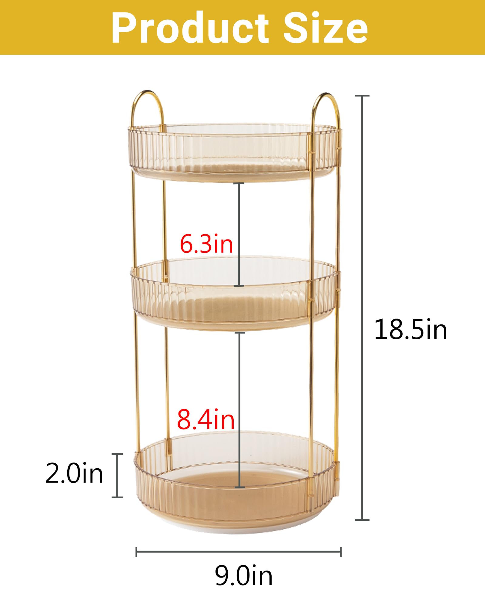 Asayuee 3-tier gold makeup organizer displaying perfumes and brushes.