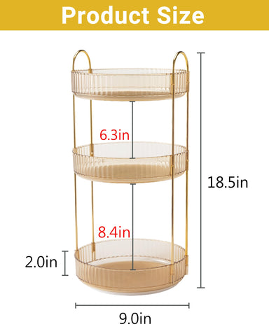Asayuee 3-tier gold makeup organizer displaying perfumes and brushes.
