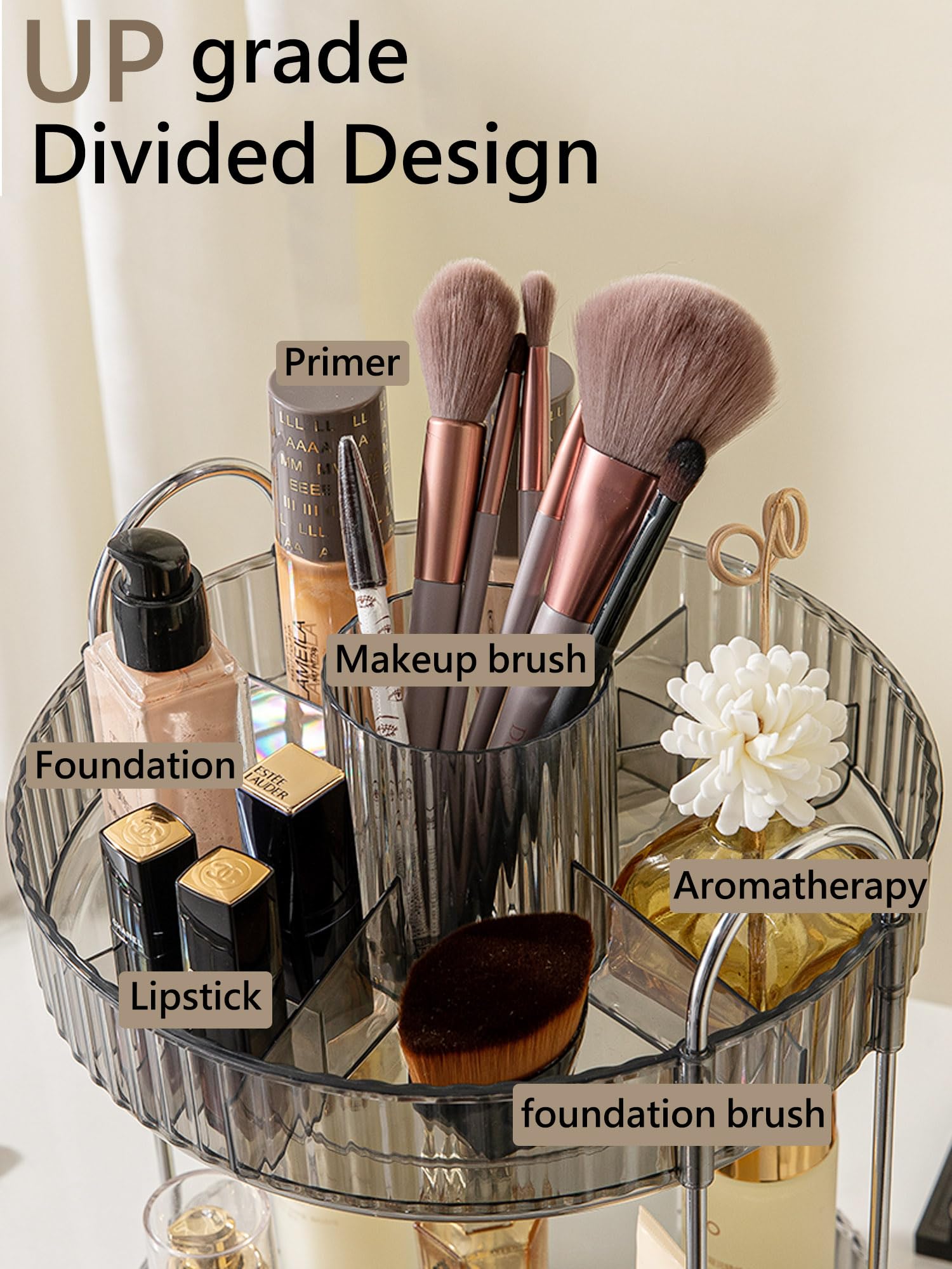 Asayuee three-tier makeup organizer on display shows large capacity for cosmetics and skincare.
