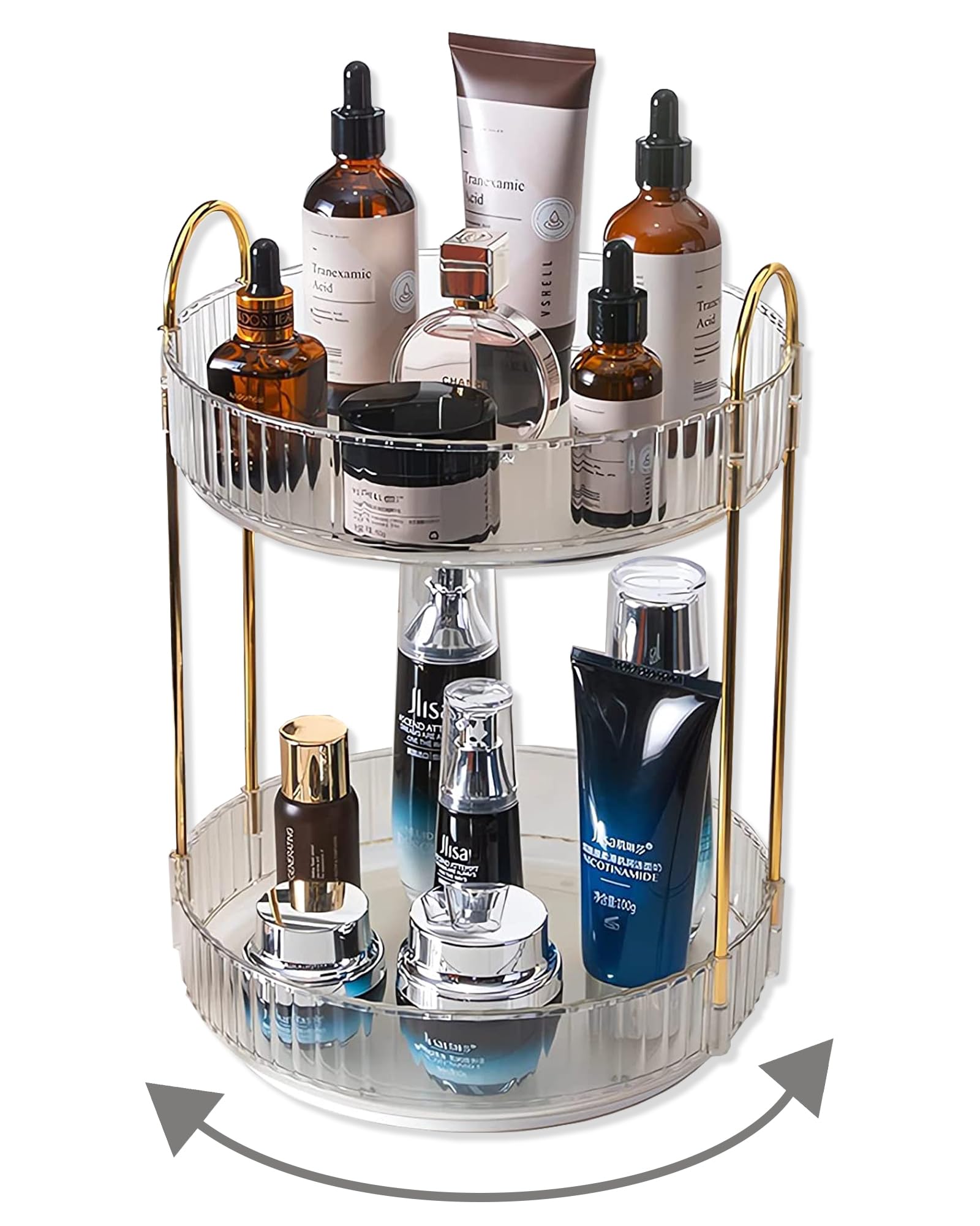 Asayuee 360° rotating makeup organizer in clear two-tier design for easy access.
