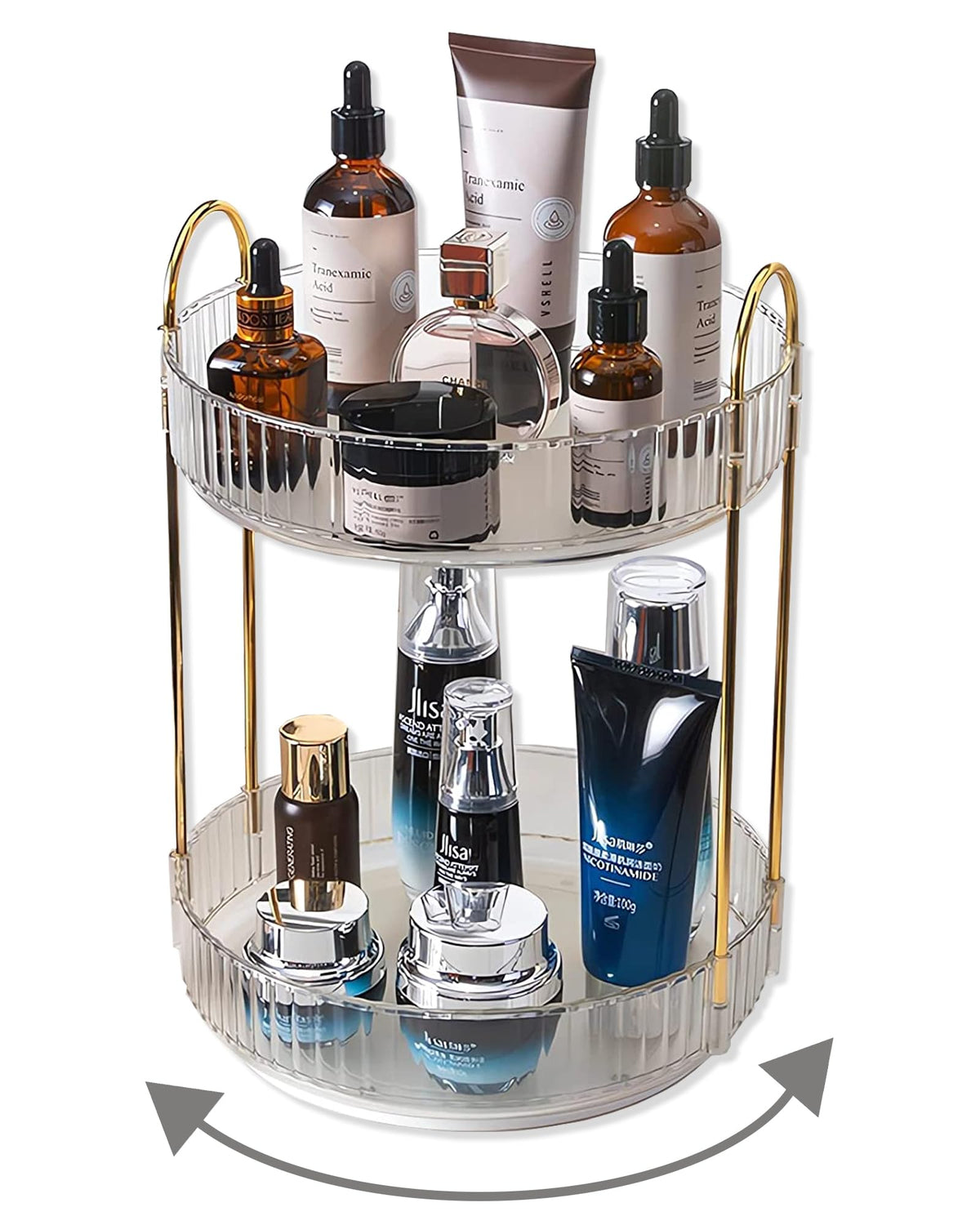 Asayuee 360° rotating makeup organizer in clear two-tier design for easy access.