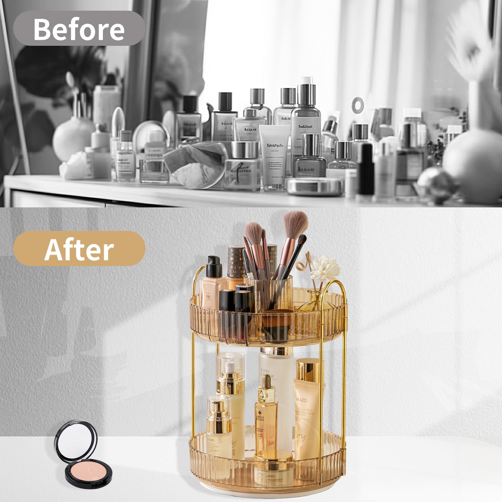 Asayuee 360° rotating makeup organizer in use on a bathroom countertop for cosmetics.