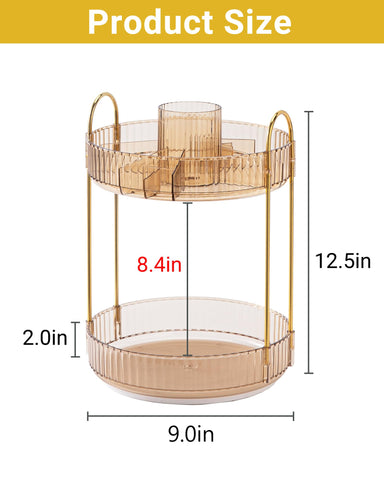 Asayuee 360° rotating makeup organizer close-up of gold frame on a countertop.