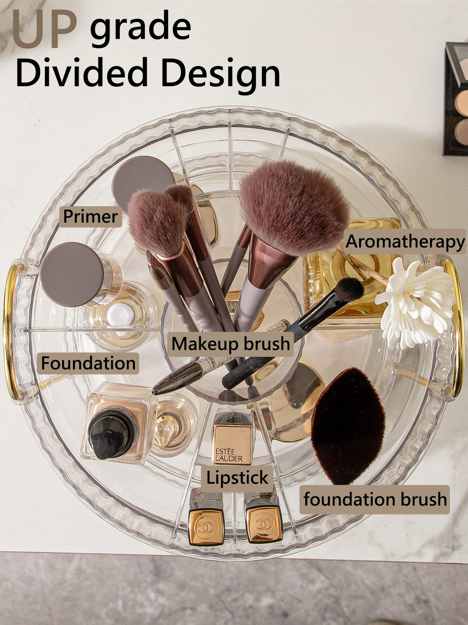 Asayuee 360° rotating makeup organizer rotation feature offers quick access to daily favorites.