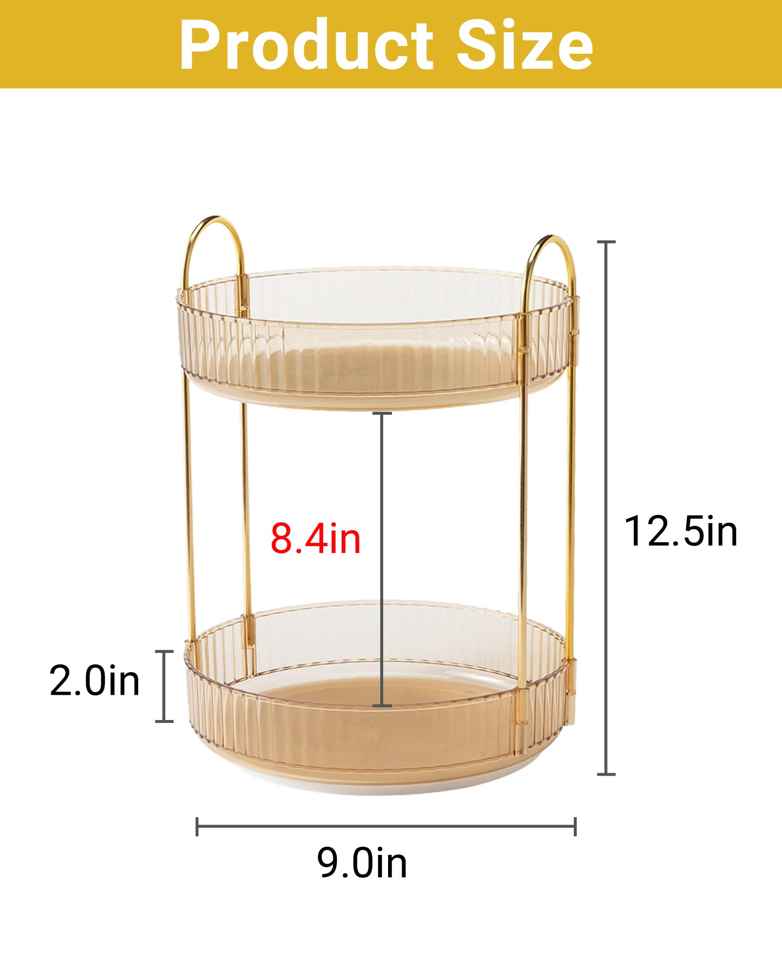Asayuee 360° rotating organizer side view shows durable gold-toned two-tier design.