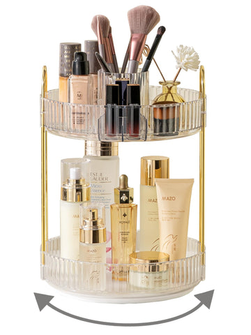 Asayuee 360° rotating makeup organizer top-compartment grid keeps cosmetics organized at a glance.