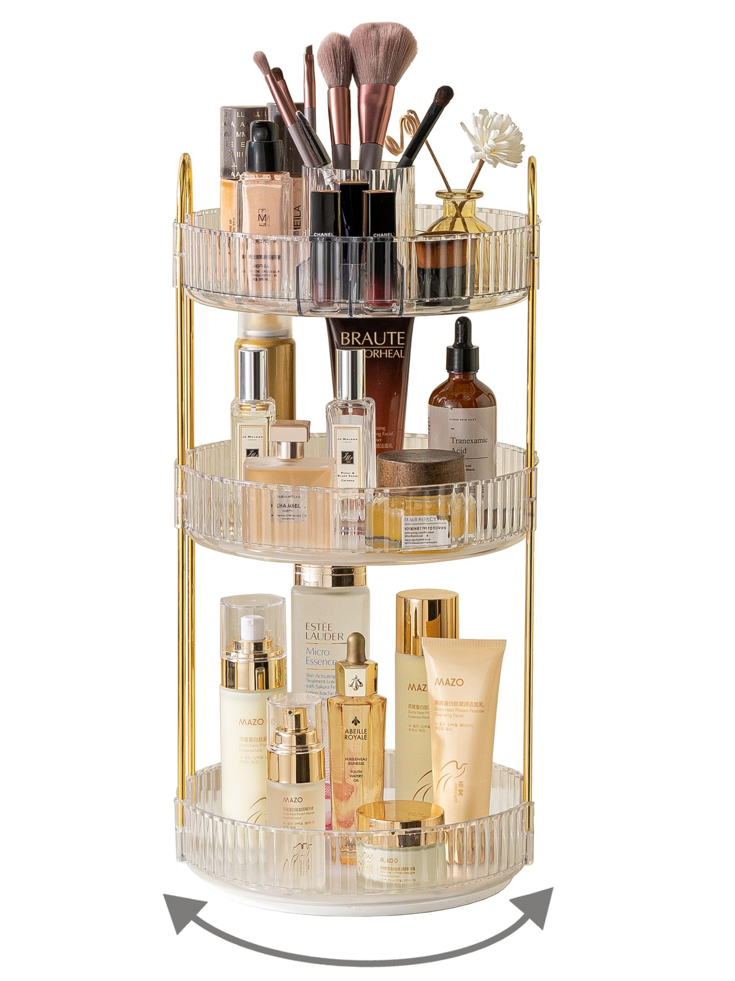 Asayuee 360° rotating makeup organizer top compartment for quick access to cosmetics