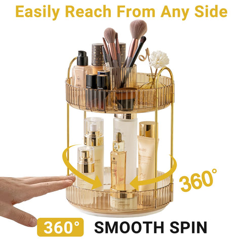 Asayuee 360° rotating makeup organizer with gold frame and green trays for vanity storage.