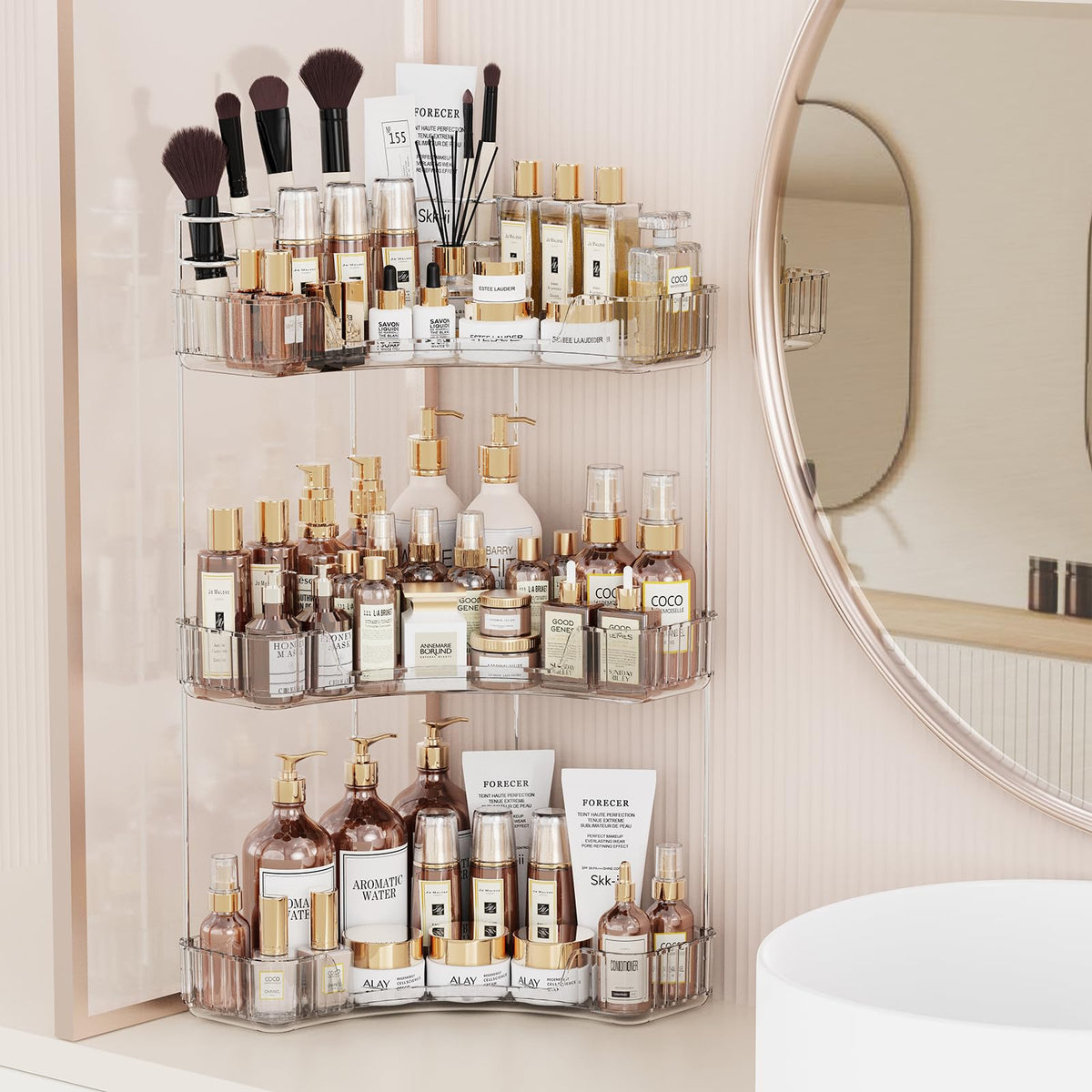 Asayuee 3-Tier Corner Organizer on a clutter-free bathroom counter.