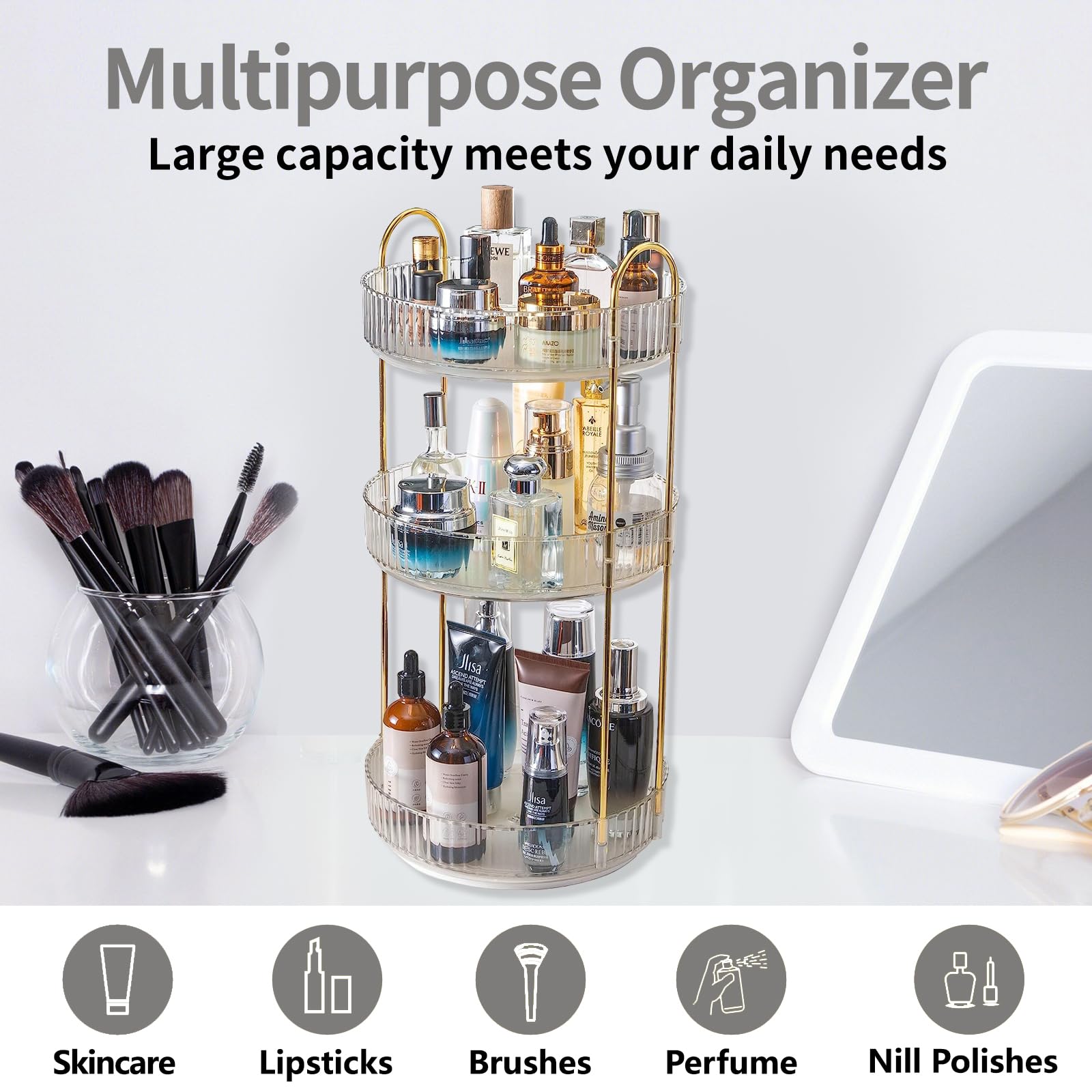 Asayuee bathroom countertop organizer keeps cosmetics neatly arranged within reach.
