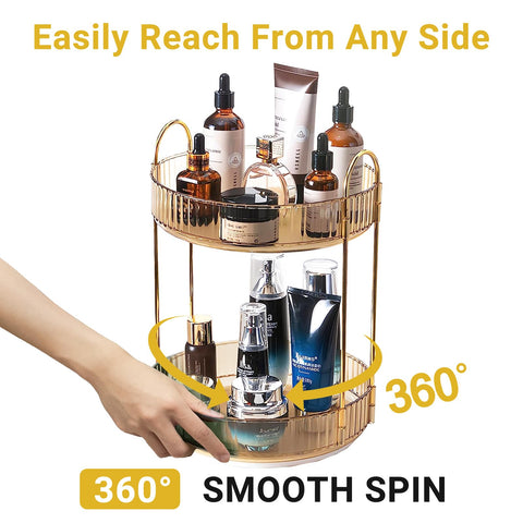 Asayuee gold 2-tier vanity stand keeps perfumes and skincare organized.