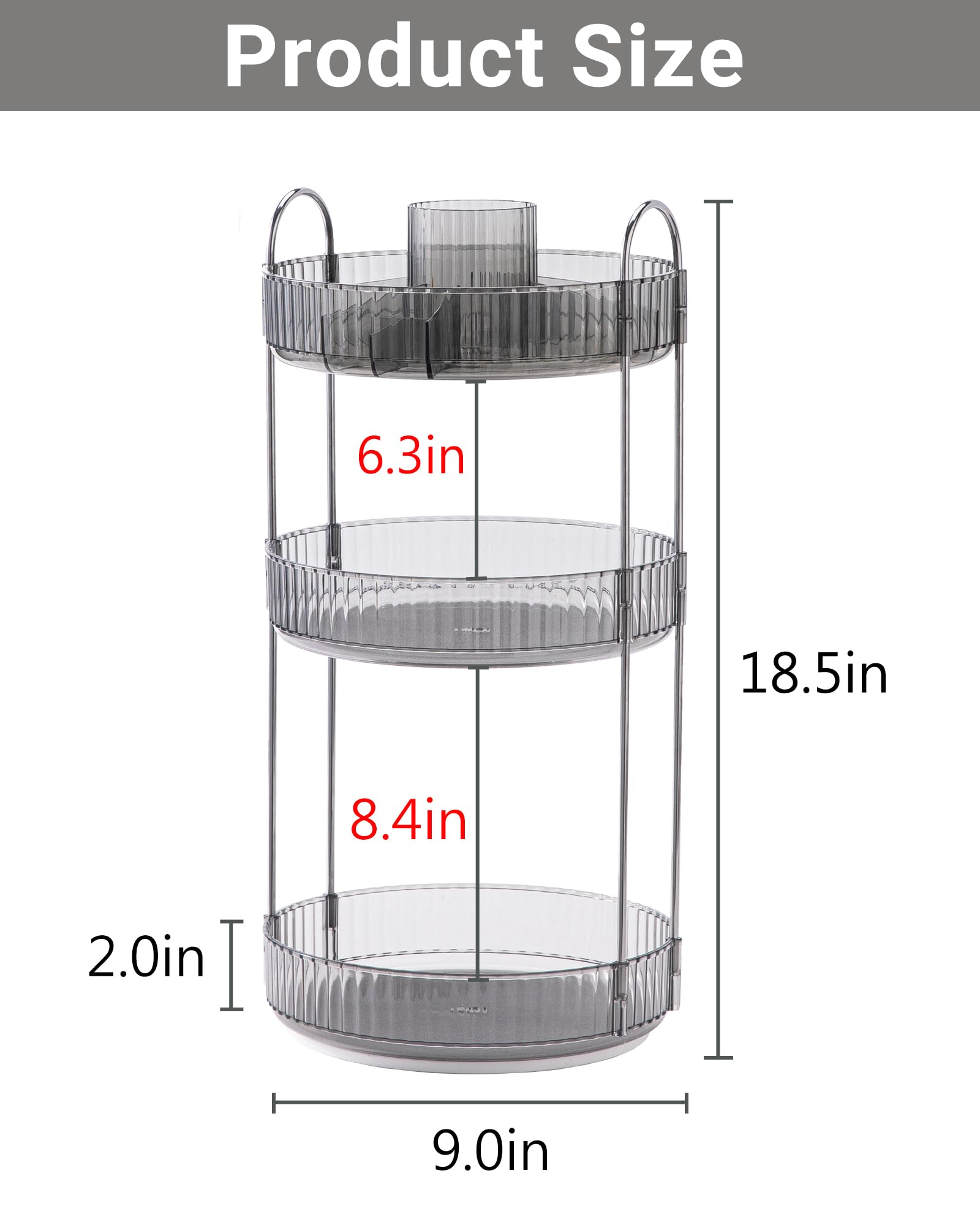 Asayuee grey countertop cosmetic storage unit emphasizes space-saving bathroom organization.