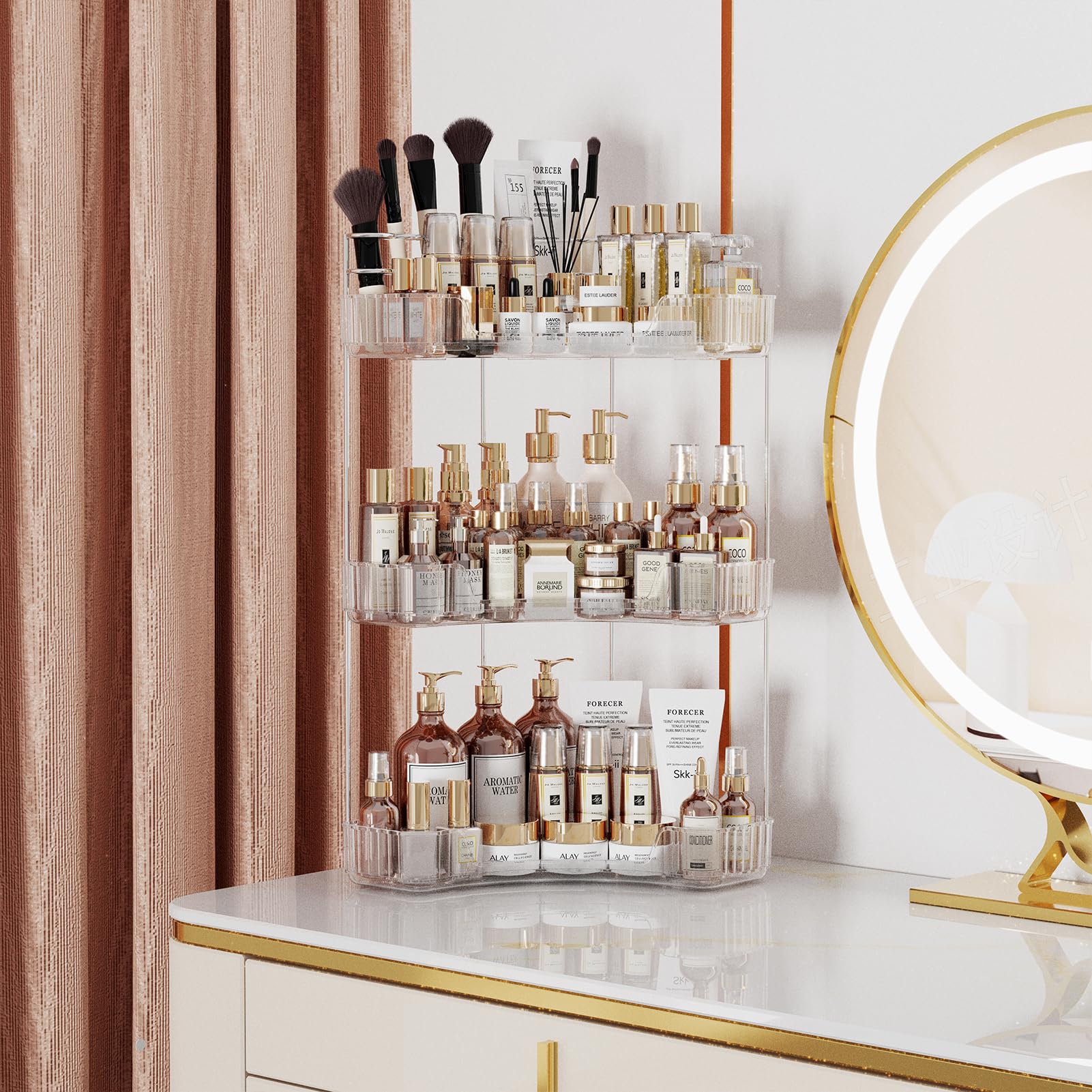 Asayuee makeup brush compartment offers easy access on the vanity.