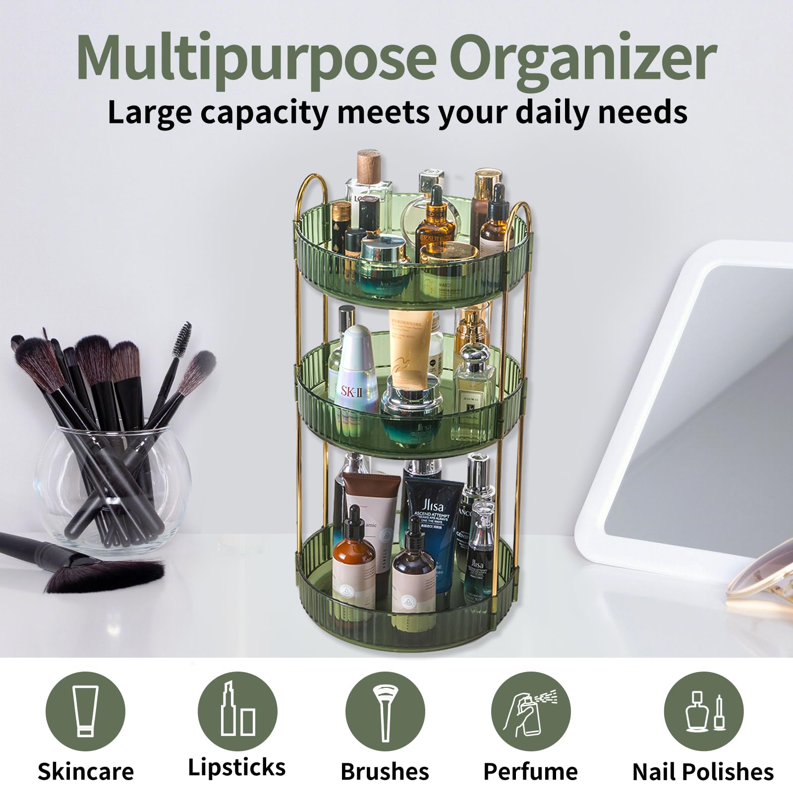 Asayuee makeup organizer in use with perfumes and cosmetics