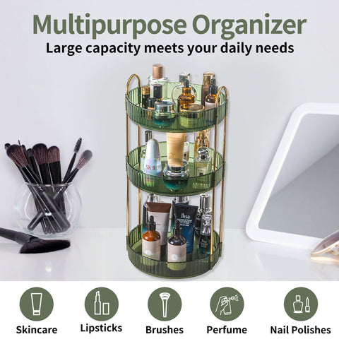 Asayuee makeup organizer in use with perfumes and cosmetics