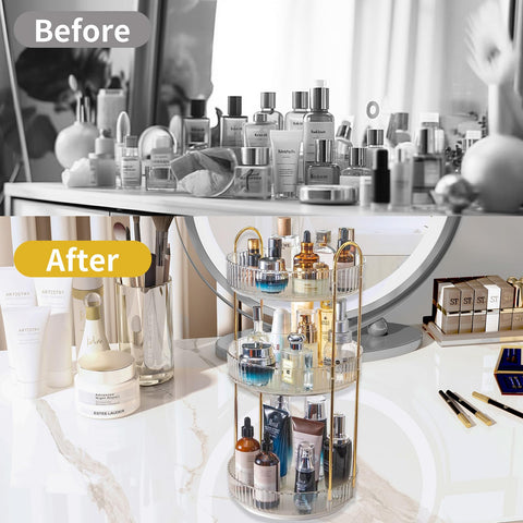 Asayuee rotating vanity organizer eases access to makeup and skincare.