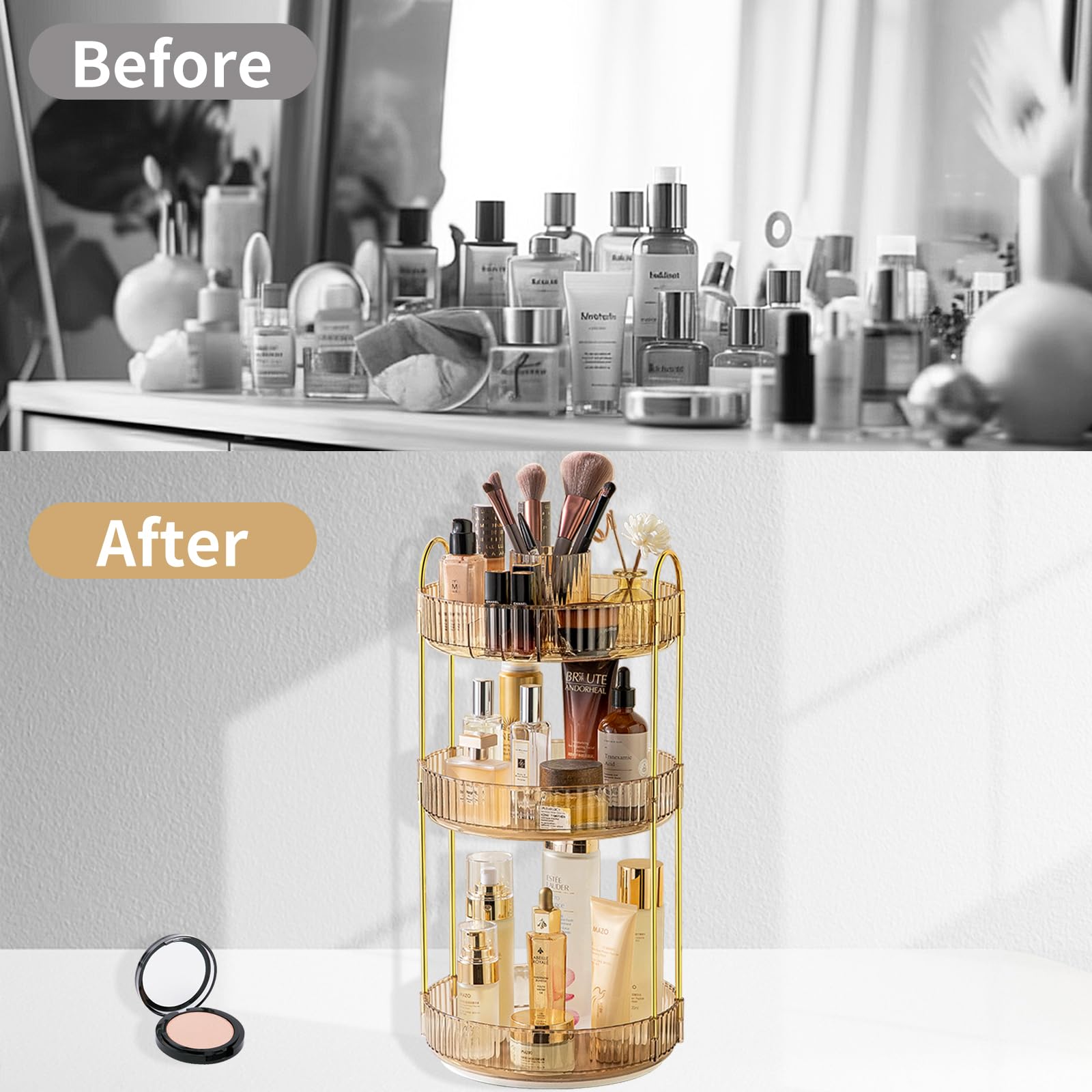 Asayuee rotating tray for skincare and cosmetics on a gold finish.