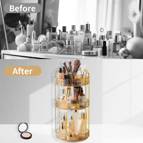 Asayuee rotating tray for skincare and cosmetics on a gold finish.