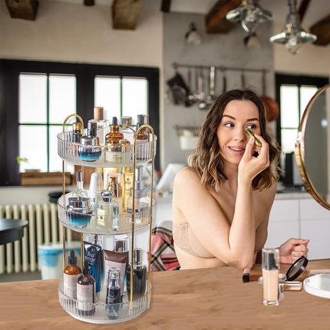Asayuee three-layer storage saves counter space and keeps products organized.