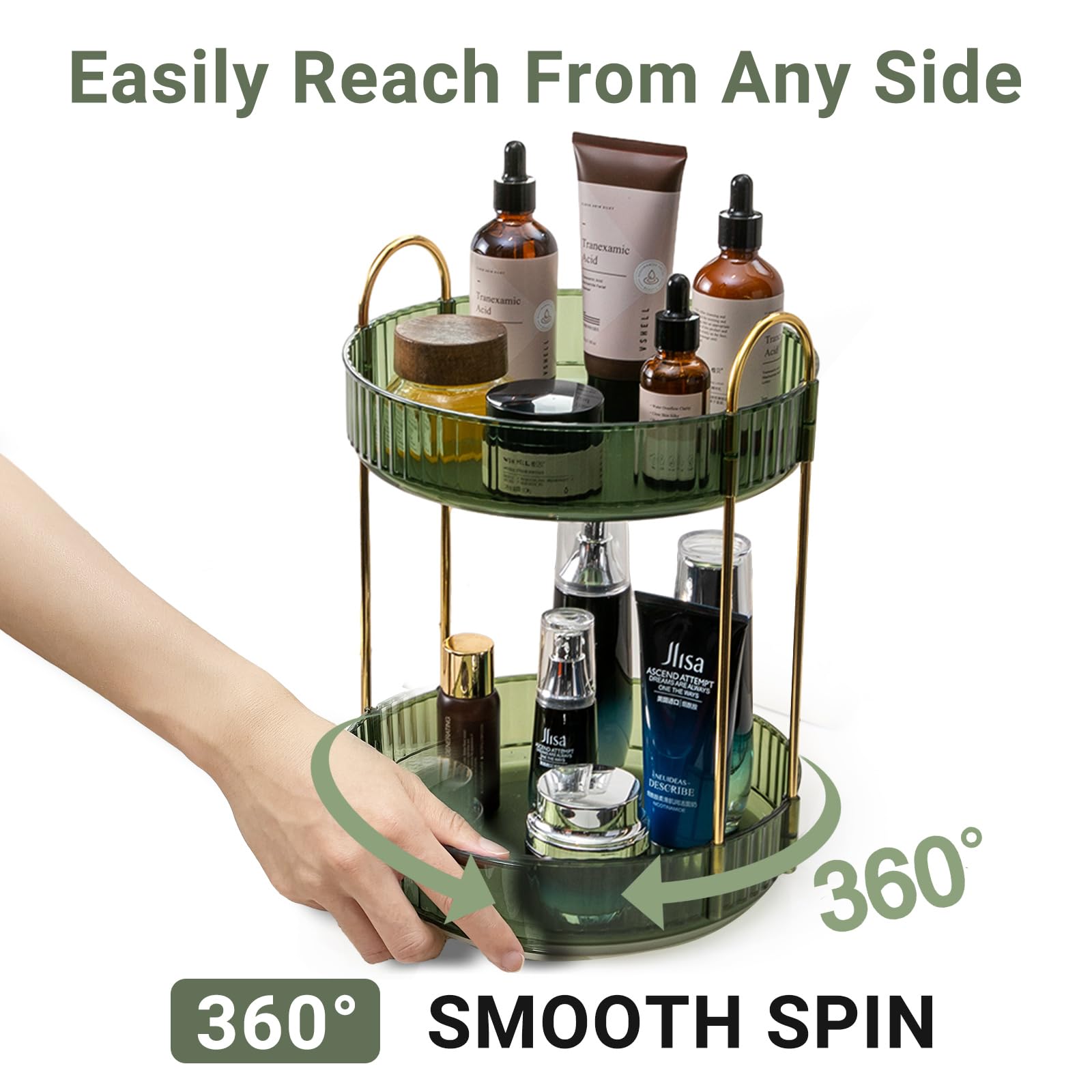 Asayuee spinning makeup organizer on the counter keeps daily essentials within reach.