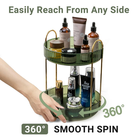Asayuee spinning makeup organizer on the counter keeps daily essentials within reach.