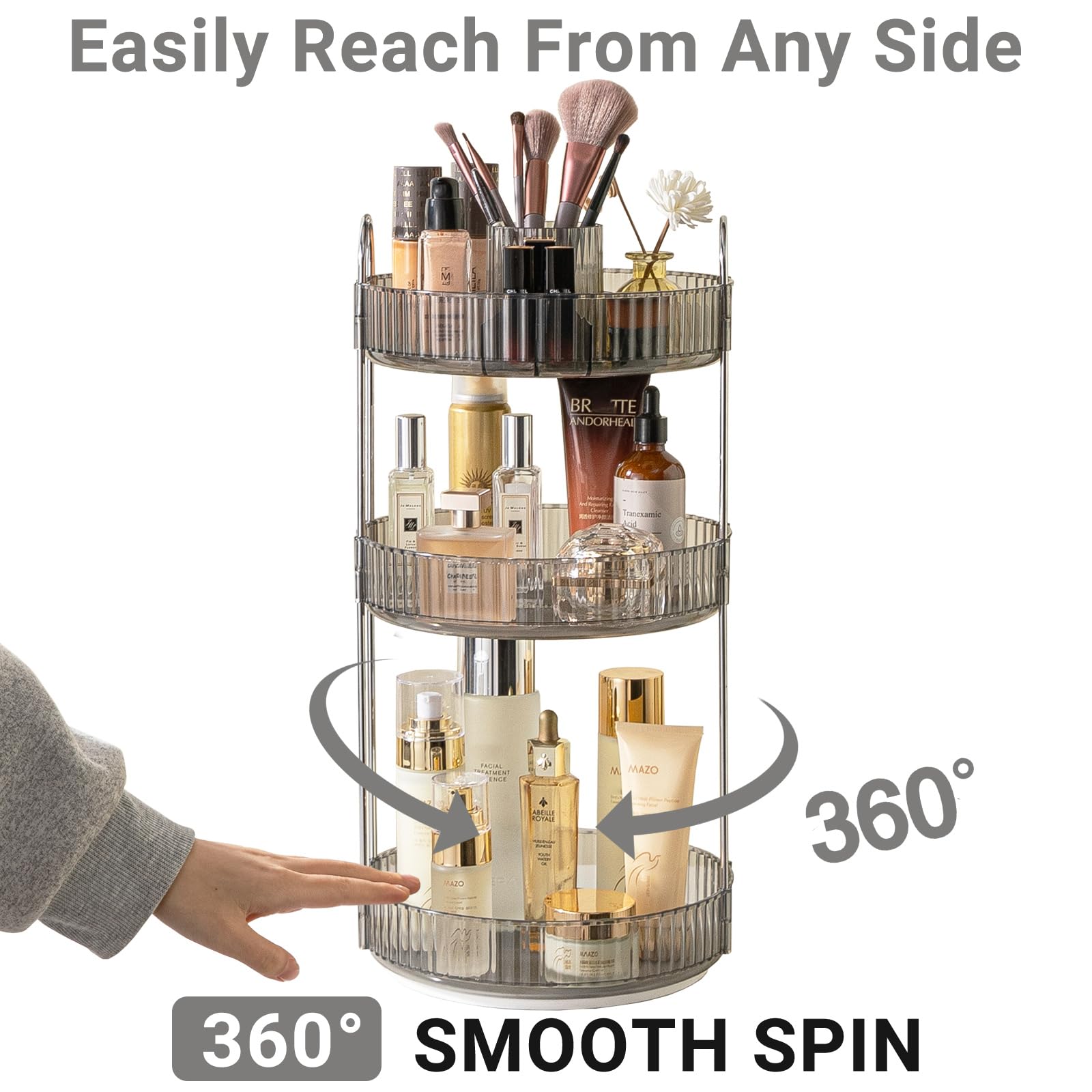Asayuee vanity organizer highlights 360° rotation for easy access to beauty products.