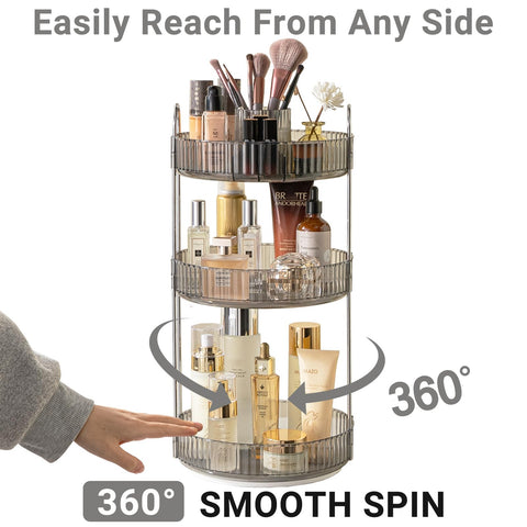 Asayuee vanity organizer highlights 360° rotation for easy access to beauty products.