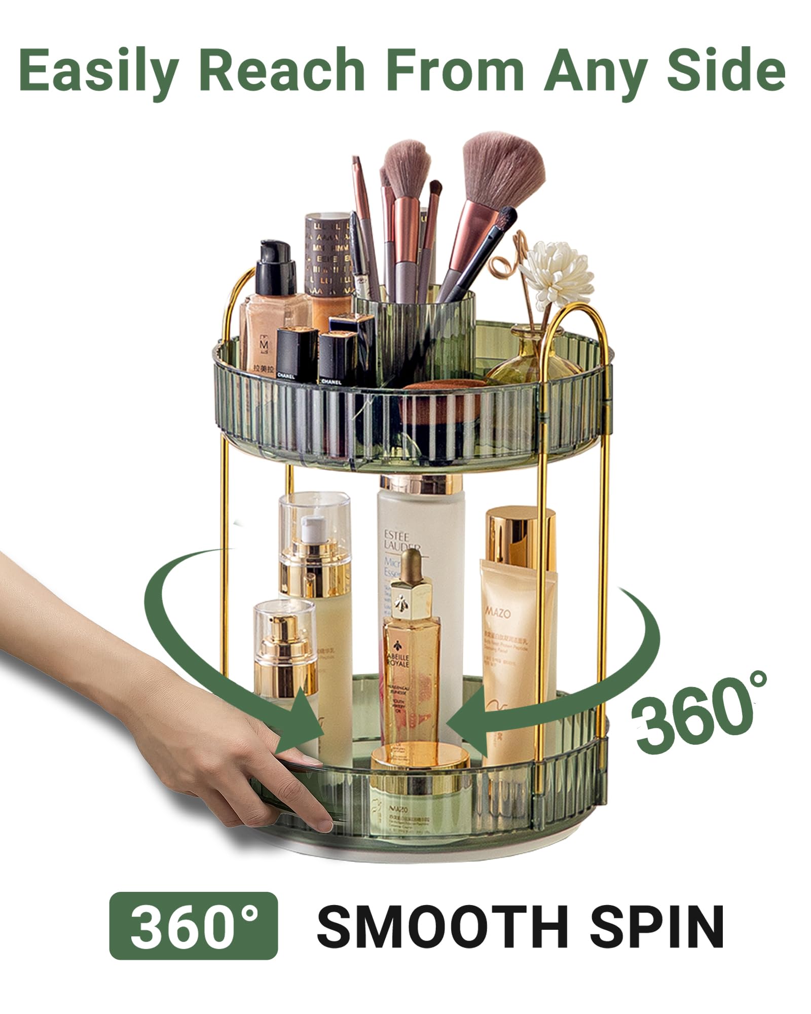 Asayuee vanity organizer with grid top compartment helps separate products neatly.
