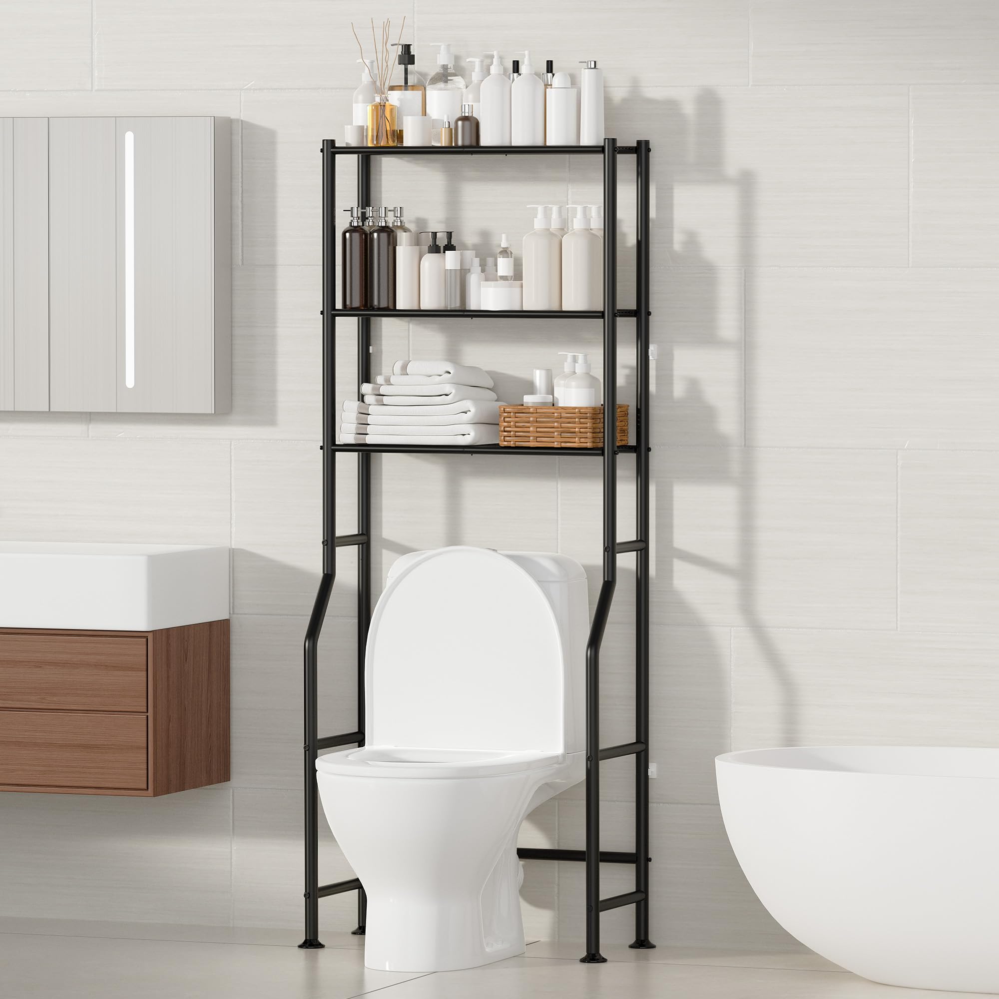 ASCENREST 3-Tier over-the-toilet storage keeps bathroom essentials neatly organized.