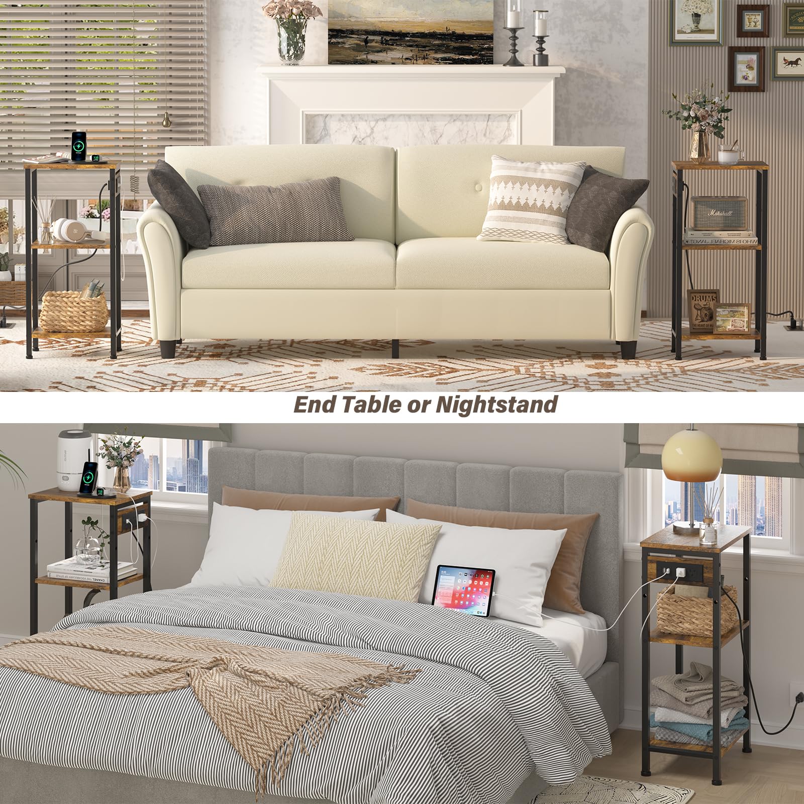Asgolion 3-tier narrow nightstand with adjustable shelves for flexible storage.